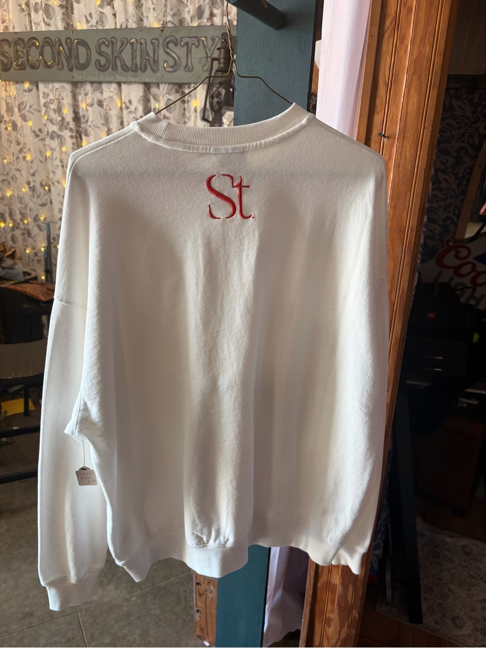 All Saints White Crewneck Sweater with Red Embroidered "St."